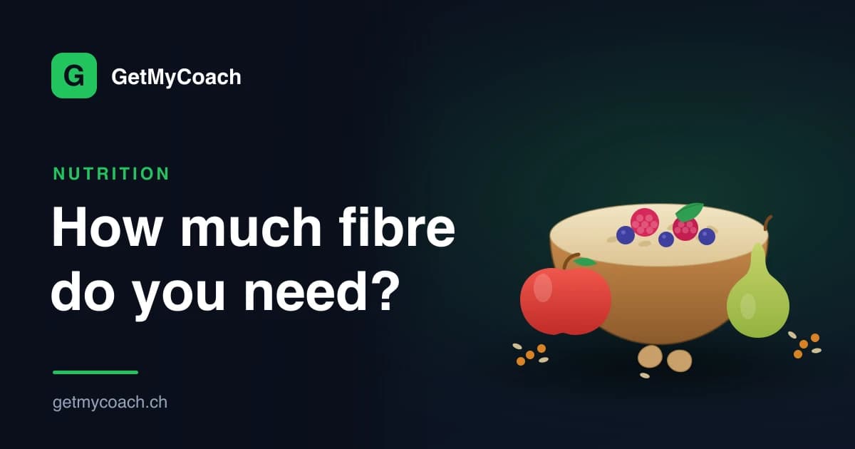 A flat illustration of high-fibre foods on a dark GetMyCoach background — a bowl of oats topped with raspberries and blueberries, an apple, a pear, lentils and almonds; cover graphic for the honest guide to eating more fibre.