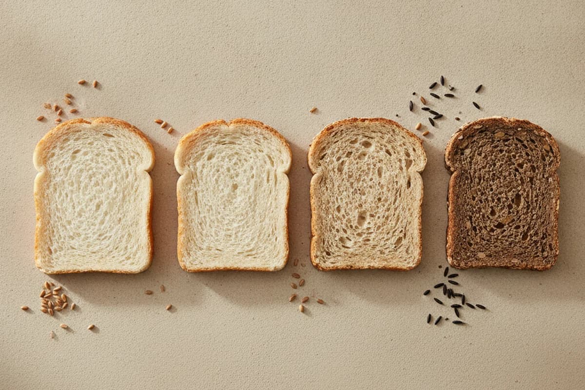 Four slices of bread in a row on a neutral surface, from a very pale fine-crumbed white slice through two progressively darker slices to a dense dark wholegrain slice with an open crumb, with loose wheat and rye grains scattered between them.