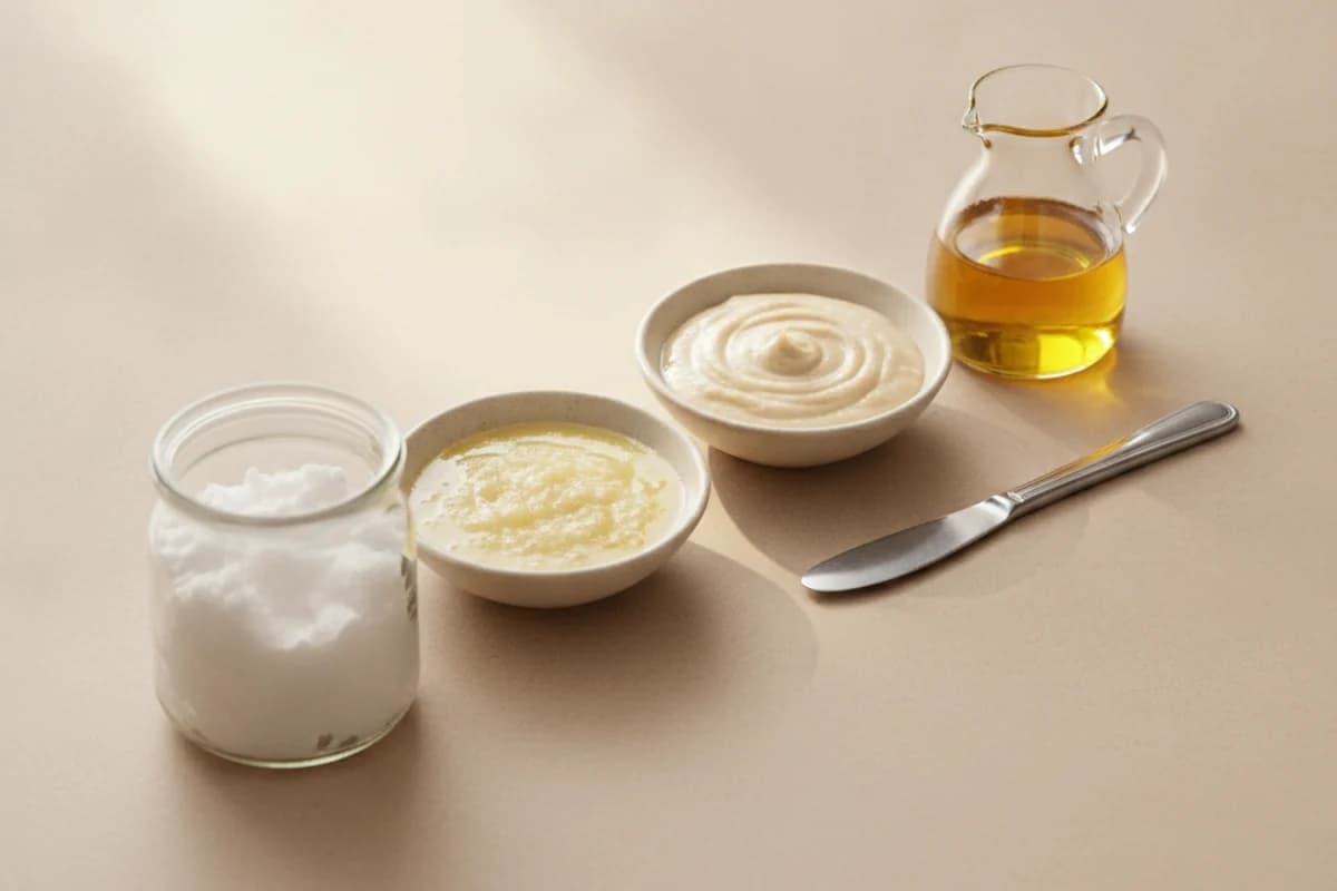 Four open glass dishes in a row holding a firm white solid fat, a soft pale-yellow fat, a creamy off-white spread and a clear golden oil, with a butter knife beside them.