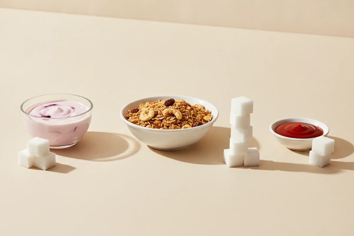 Three everyday foods on a neutral surface — a bowl of fruit yoghurt, a bowl of crunchy muesli and a dish of tomato sauce — each with a small stack of white sugar cubes beside it.