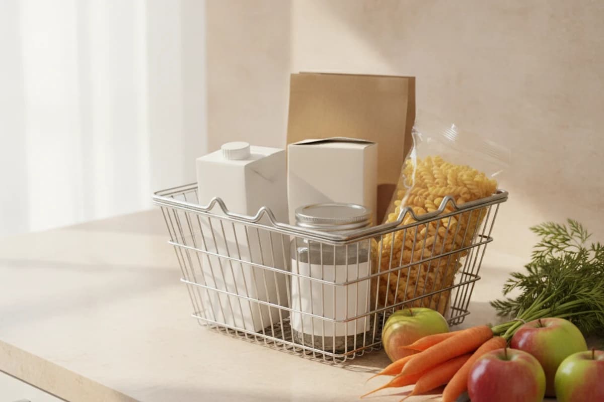 A wire shopping basket on a kitchen counter holding a plain white carton, a blank kraft box, a paper bag, a glass jar and a bag of pasta, with apples and carrots beside it.