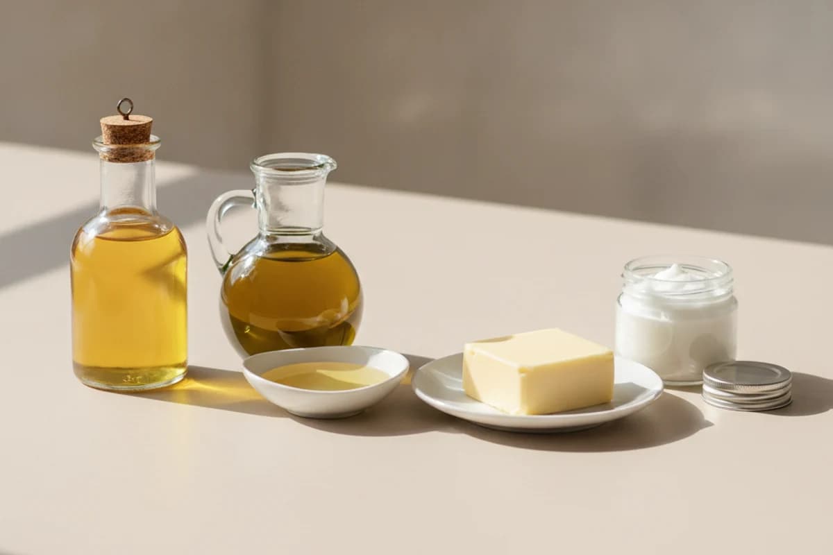 A corked glass bottle of golden rapeseed oil, a glass jug of green-gold olive oil, a small white dish of pale sunflower oil, a block of butter on a plate and an open jar of solid white coconut fat on a light kitchen surface.