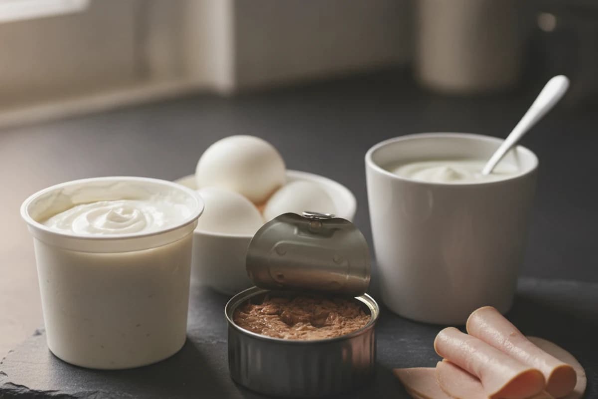 Low-fat quark, boiled eggs, an open tin of tuna, a pot of skyr with a spoon and sliced turkey on a dark surface.