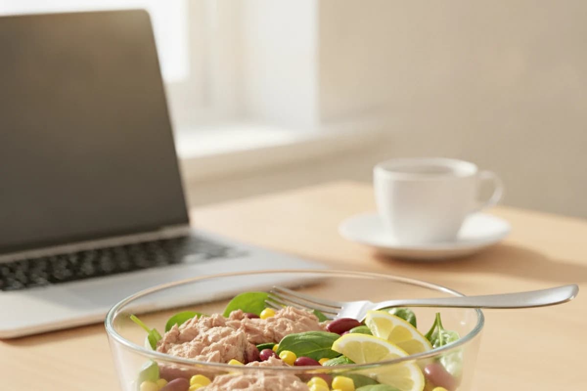 A bowl of tuna, kidney beans, sweetcorn and greens with a fork, a laptop and a cup of coffee behind it on a light office desk.