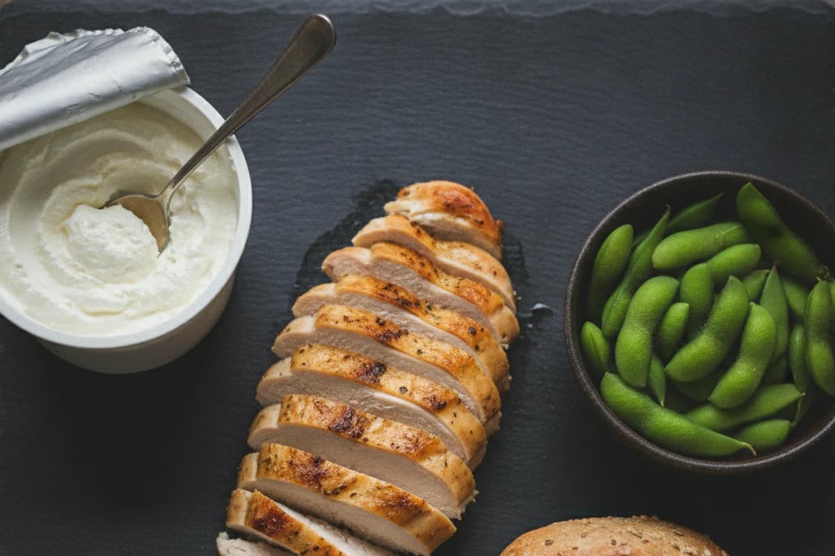 Sliced chicken breast, a tub of quark with a spoon, a bowl of edamame and a wholegrain roll on a dark slate board.