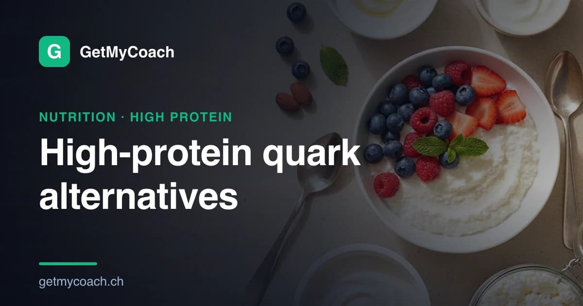 A bowl of quark topped with fresh berries beside tubs of skyr, Greek yogurt and cottage cheese on a light surface — cover image for the GetMyCoach guide to high-protein quark alternatives.