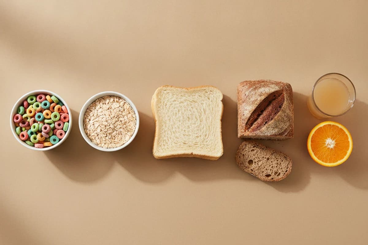 Three pairs of foods on a neutral surface: a bowl of brightly coloured ring cereal next to a bowl of plain rolled oats, soft white sliced bread next to a dark wholegrain loaf, and a glass of pale fruit drink next to a halved orange.