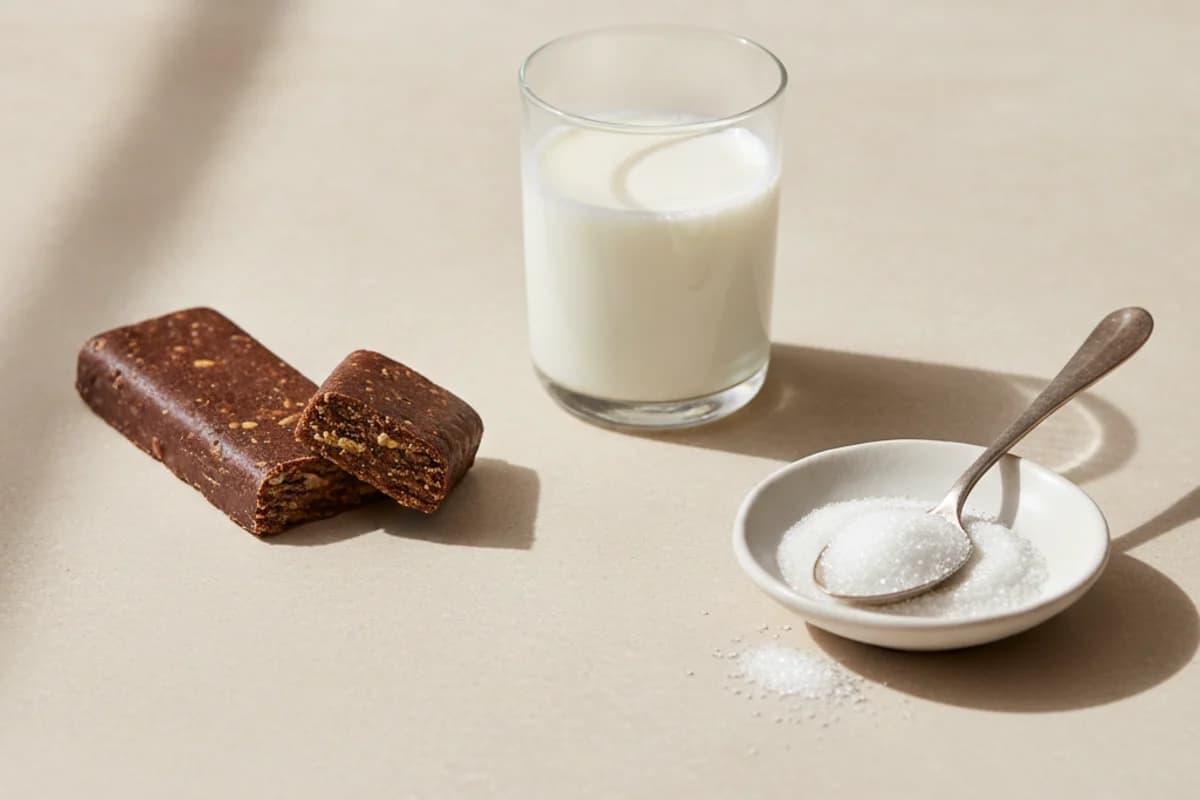 An unwrapped protein bar cut in half, a small glass of milk and a bowl with a spoonful of white sugar, spaced apart on a pale surface.