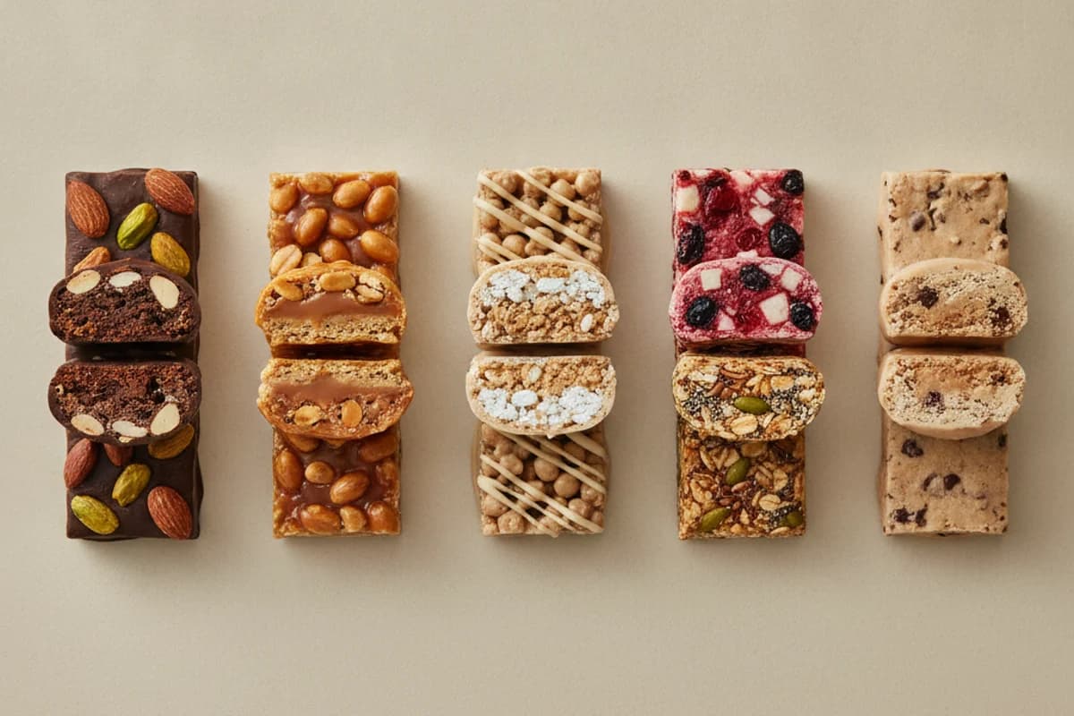 Five protein bars laid out in a row from above, each cut in half with the two halves stacked so the cross-section faces up — a nut-and-chocolate bar, a peanut-caramel bar, a crisped-rice bar, a berry bar and a cookie-dough bar.