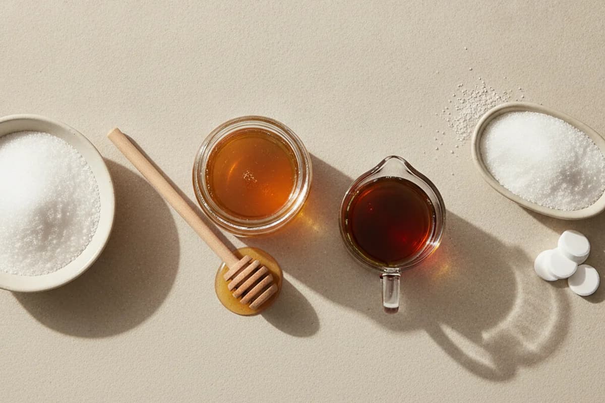 A bowl of white sugar, a jar of honey with a wooden dipper and a jug of dark syrup in the middle, and a dish of fine white sweetener crystals with a few small sweetener tablets on the right.