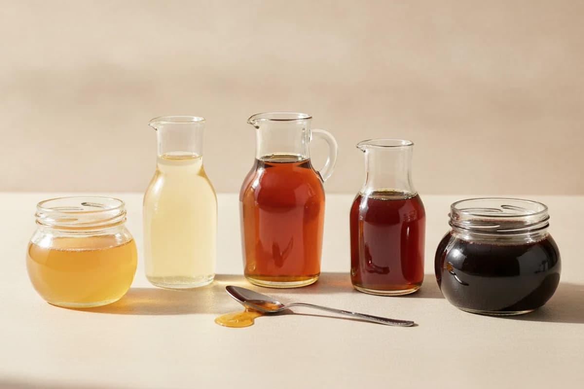 Five open jars and jugs of golden honey, pale agave syrup, amber maple syrup, dark brown pear concentrate and thick dark date syrup on a light surface.