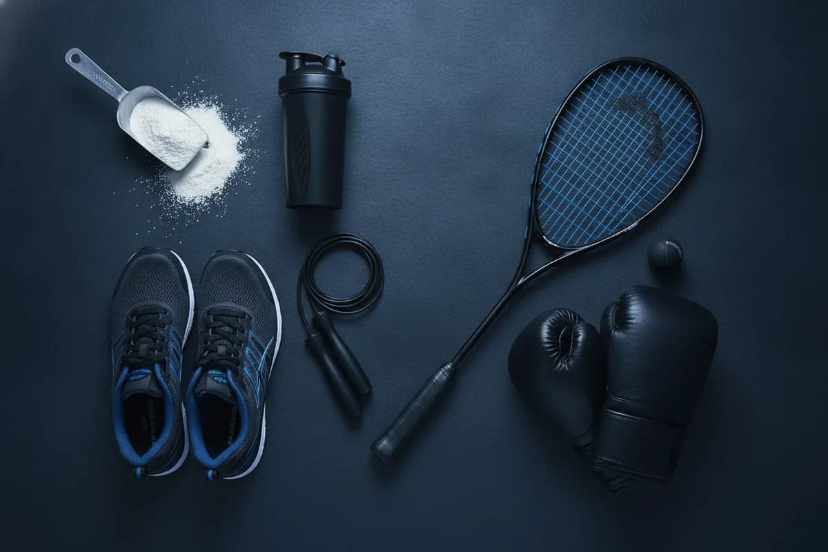 Flat-lay on dark slate: a creatine scoop and protein shaker next to running shoes, a skipping rope, boxing gloves, a squash racket and a squash ball.