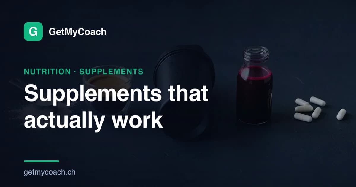 A clean lineup on dark slate: a creatine scoop, an espresso, a black protein shaker, a small bottle of beetroot juice and a few capsules — cover image for the GetMyCoach guide to evidence-based supplements by sport.