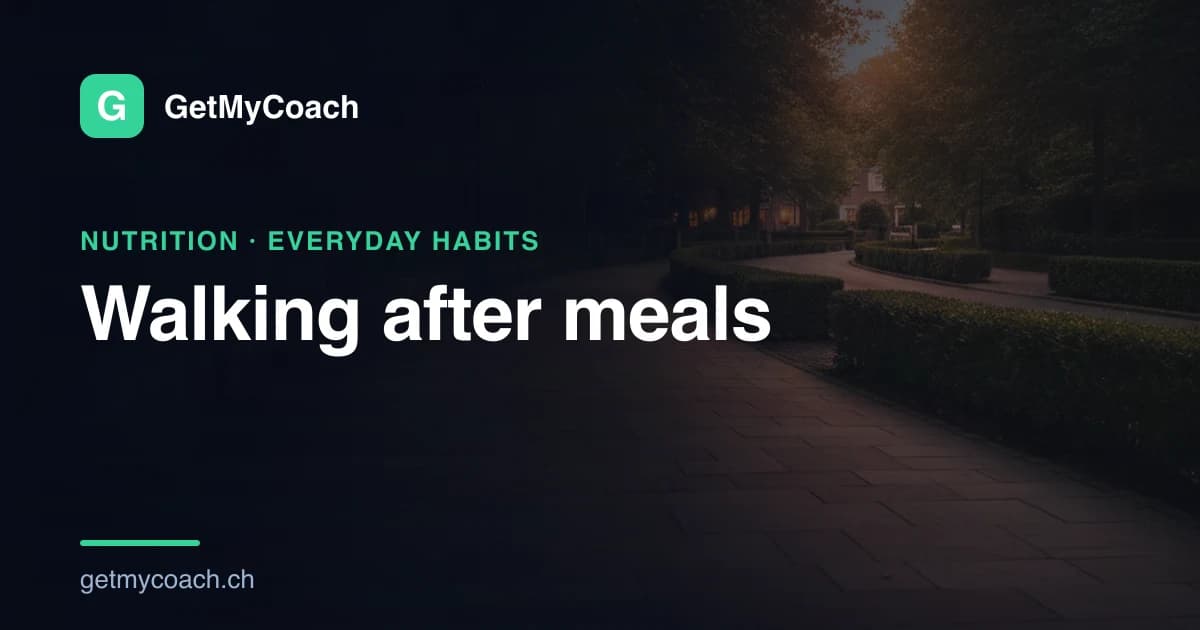A quiet tree-lined pavement in soft early-evening light, curving away between low garden walls — cover image for the GetMyCoach article on walking after meals.