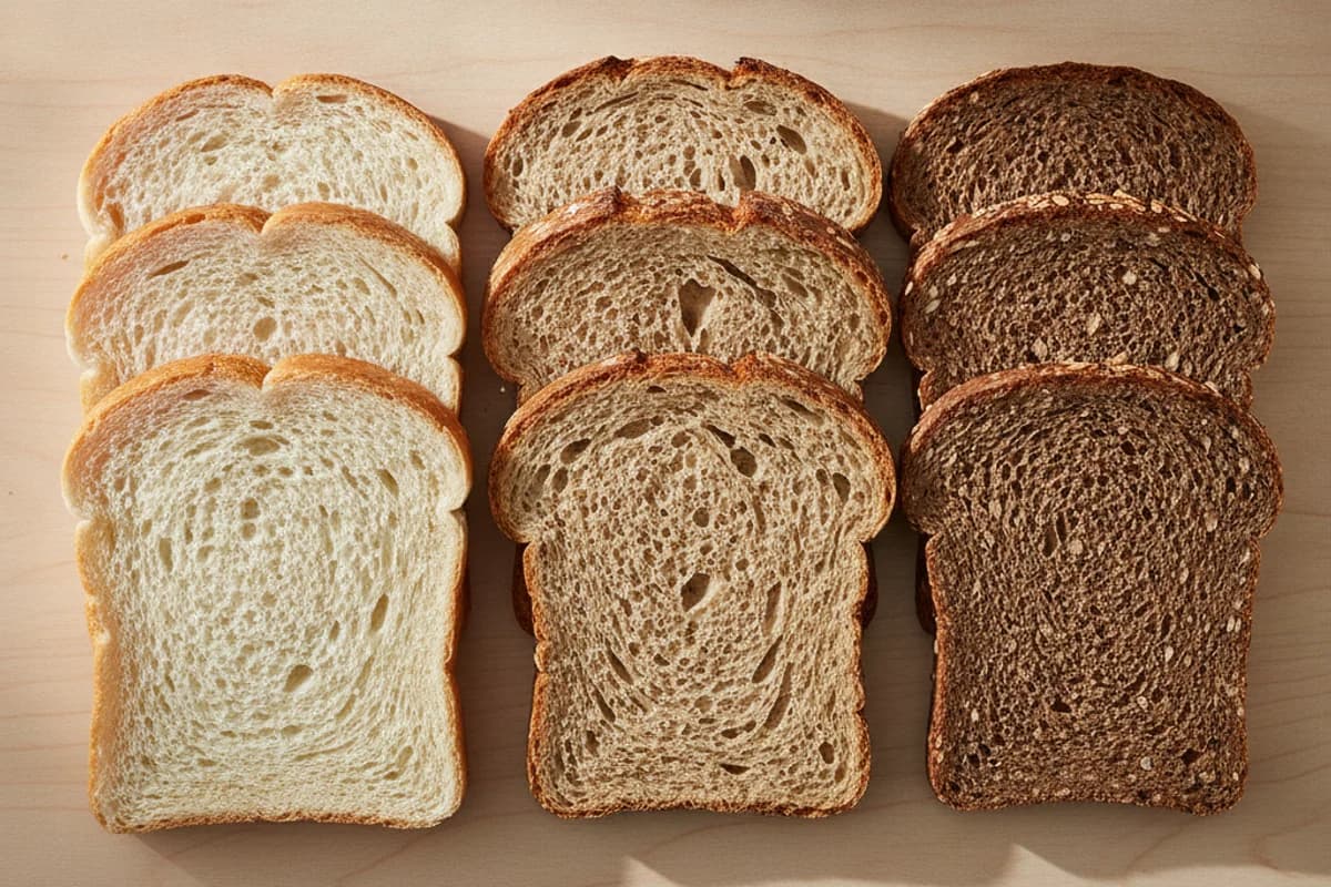 Several breads sliced side by side: a light white bread, a mid-brown ruch loaf, a dark wholegrain loaf and a rye loaf.