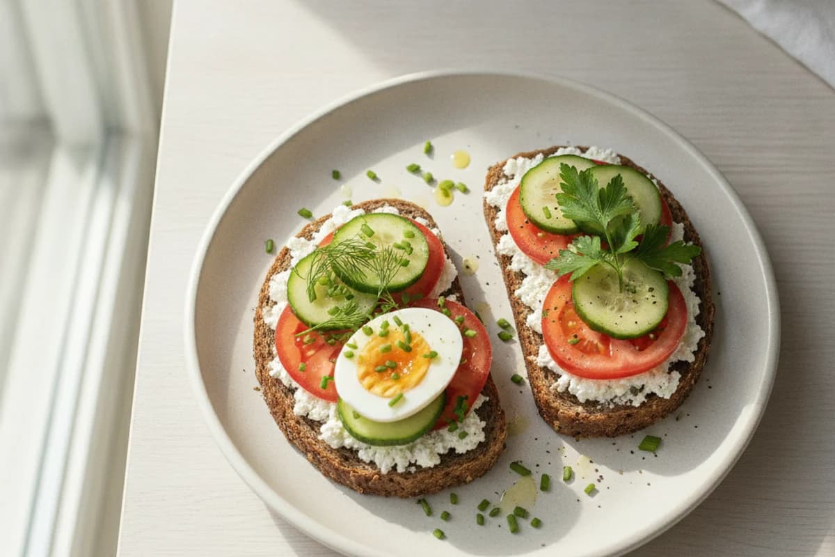 Two slices of hearty wholegrain bread topped with cottage cheese, tomatoes, cucumber, egg and fresh herbs.