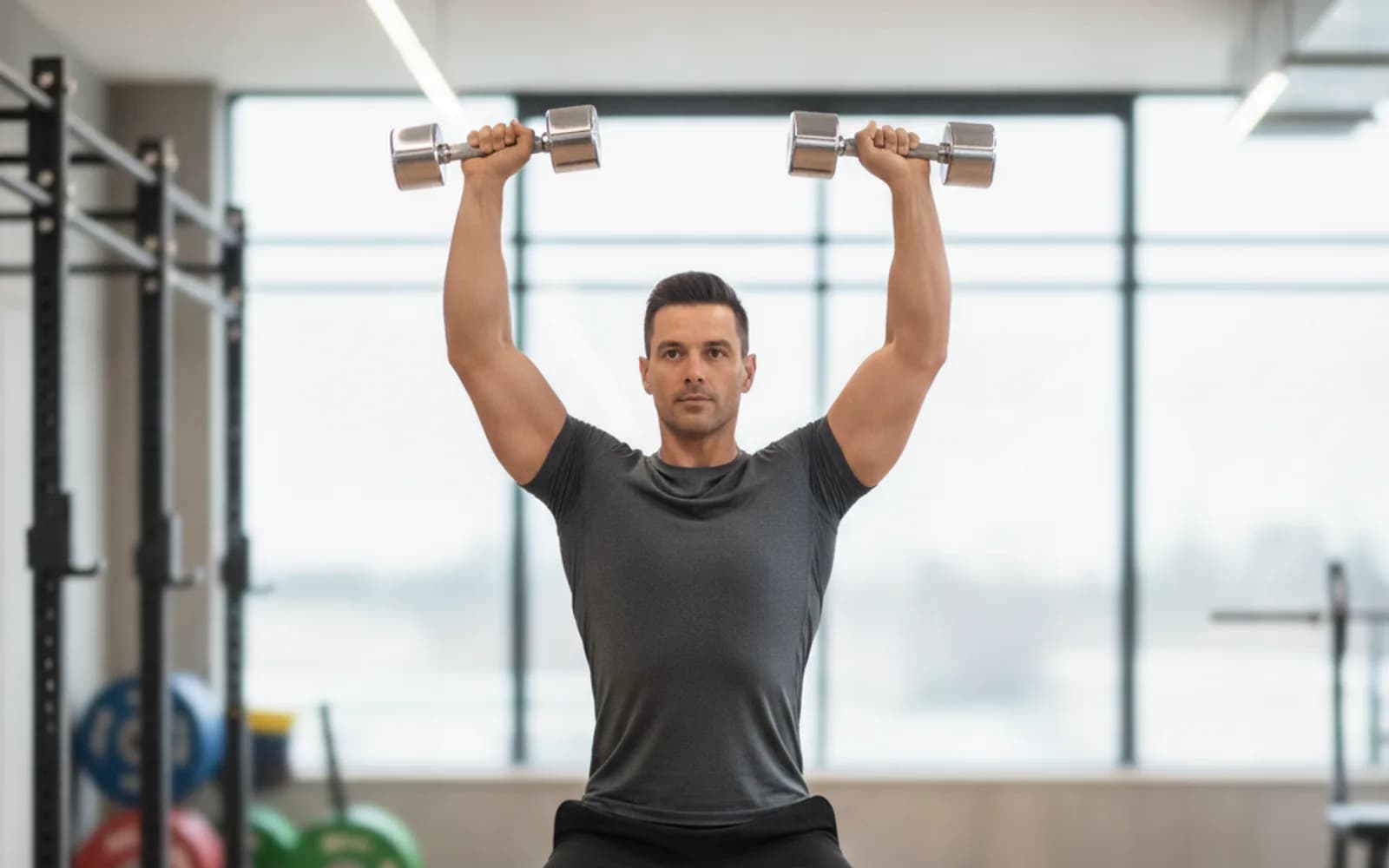 General Fitness Coach pressing two dumbbells overhead in a bright gym