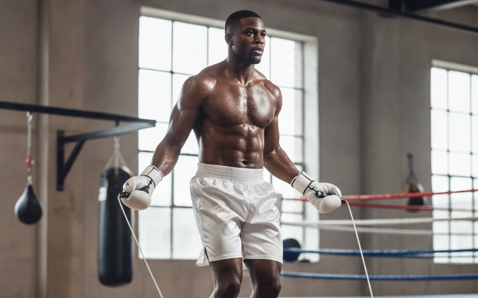 Silver Age Heavyweight Coach skipping rope in a modern boxing gym