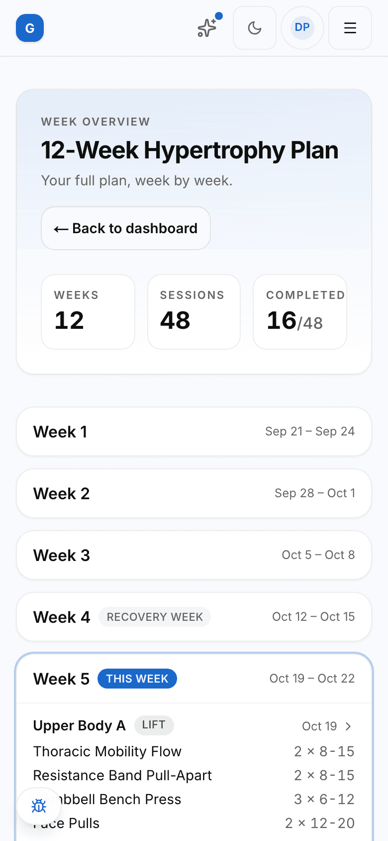 The GetMyCoach app on a phone showing a training week with its planned sessions