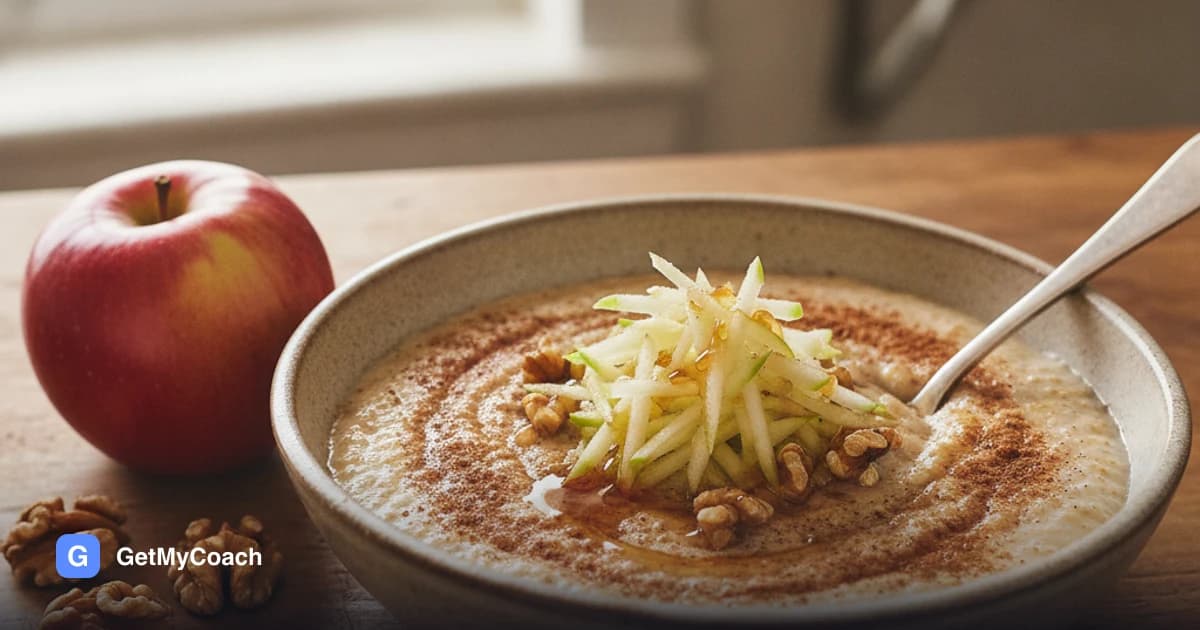 A deep bowl of creamy pale porridge flecked with cinnamon, topped with grated apple, toasted walnut halves and a thin drizzle of maple syrup, a spoon resting in it.