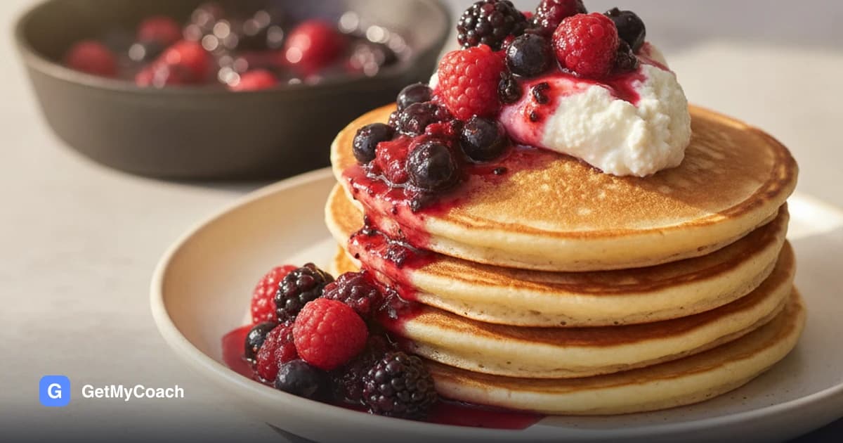 A stack of five small golden pancakes on a plate, topped with warm dark berries bleeding juice down the sides and a spoonful of white quark.