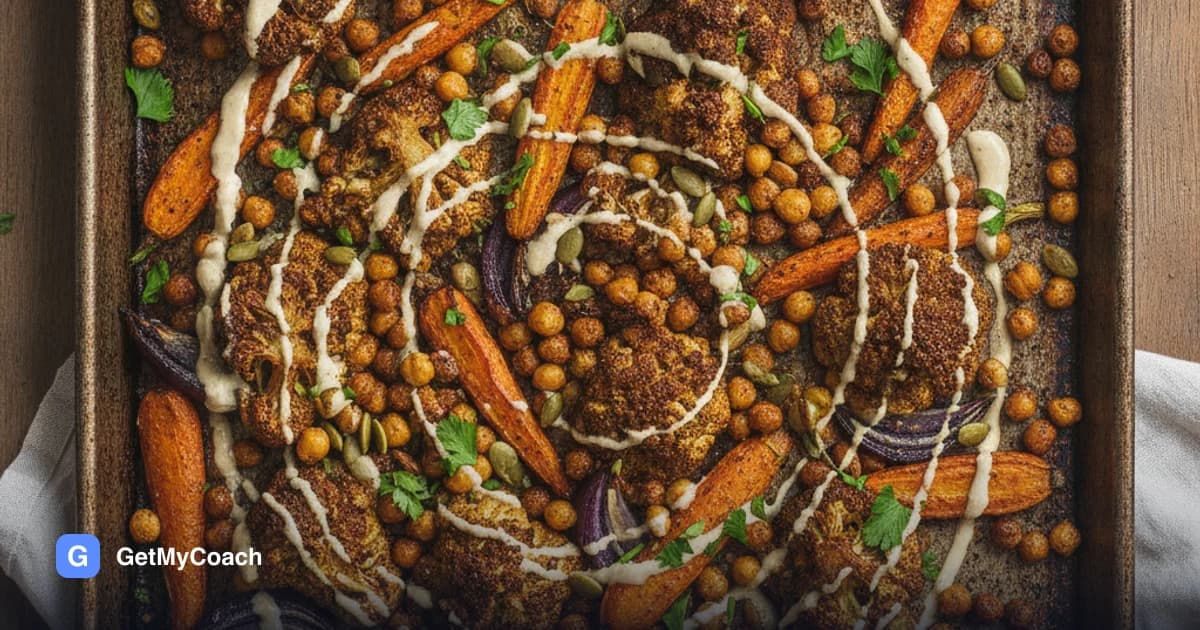 A baking tray of deeply browned cauliflower florets, carrot wedges and red onion with golden crisp chickpeas, drizzled with pale tahini sauce and scattered with parsley and pumpkin seeds.