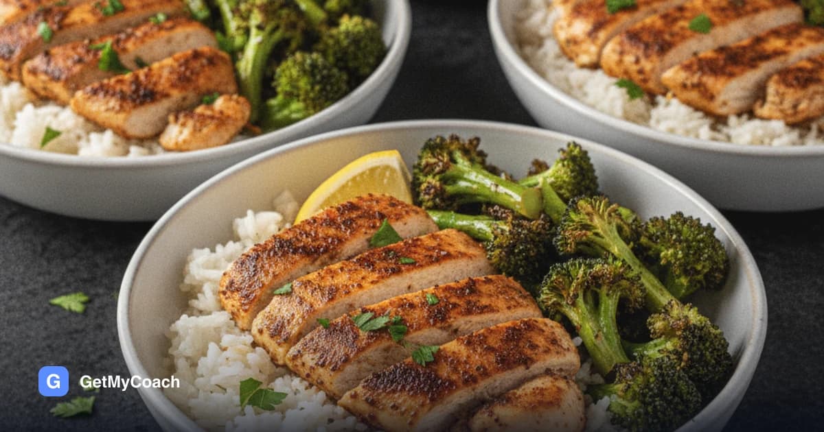 A bowl of white rice topped with browned strips of spiced chicken breast and bright green broccoli florets, with three more meal-prep containers behind it.