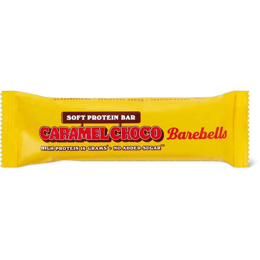 A wrapped Barebells Caramel Choco protein bar with white lettering on a light wrapper.