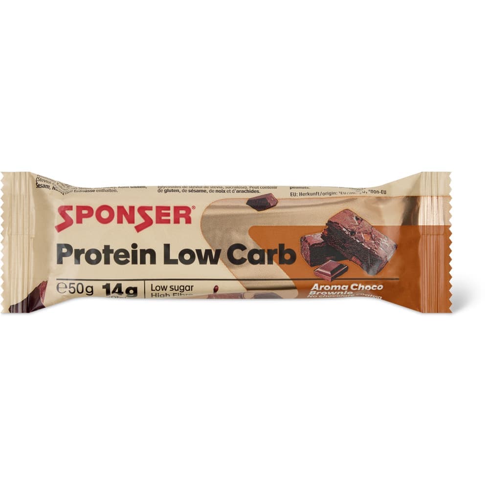 A wrapped Sponser Protein Low Carb bar in the chocolate brownie flavour.